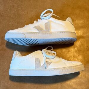 Veja White and Tan Leather Sneakers